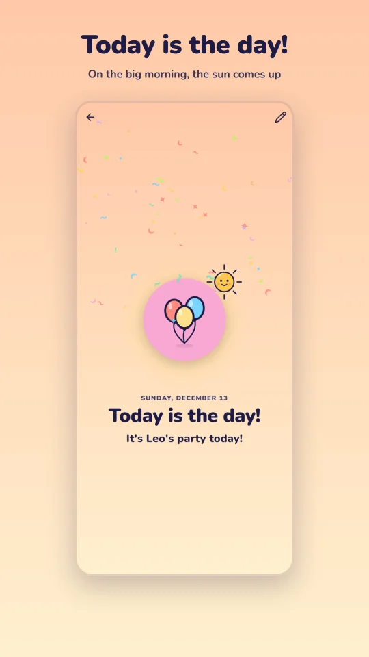 The Today is the day celebration screen: a dawn sky and the sun behind the party picture