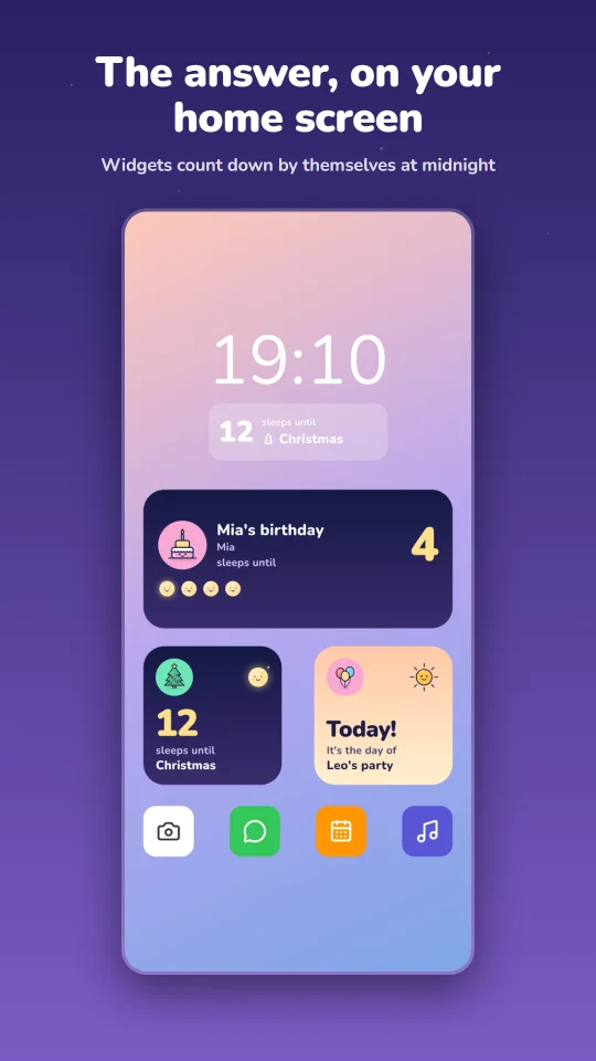 Tuckmoon widgets on a Home Screen: 12 sleeps until Christmas, 4 sleeps until Mia's birthday, and Today for a party